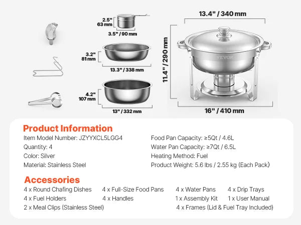 4 Pack Chafing Dish Buffet Set Stainless Steel Chafer w/4 Full Size Pan Round Catering Warmer Server for Party Banquets