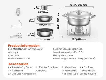 4 Pack Chafing Dish Buffet Set Stainless Steel Chafer w/4 Full Size Pan Round Catering Warmer Server for Party Banquets