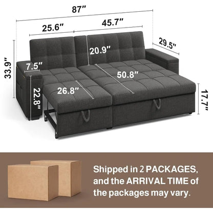 87" Convertible Sofa Bed – Space-Saving Sleeper with Pull-Out Design, Adjustable Backrest, Wide Armrests with Storage