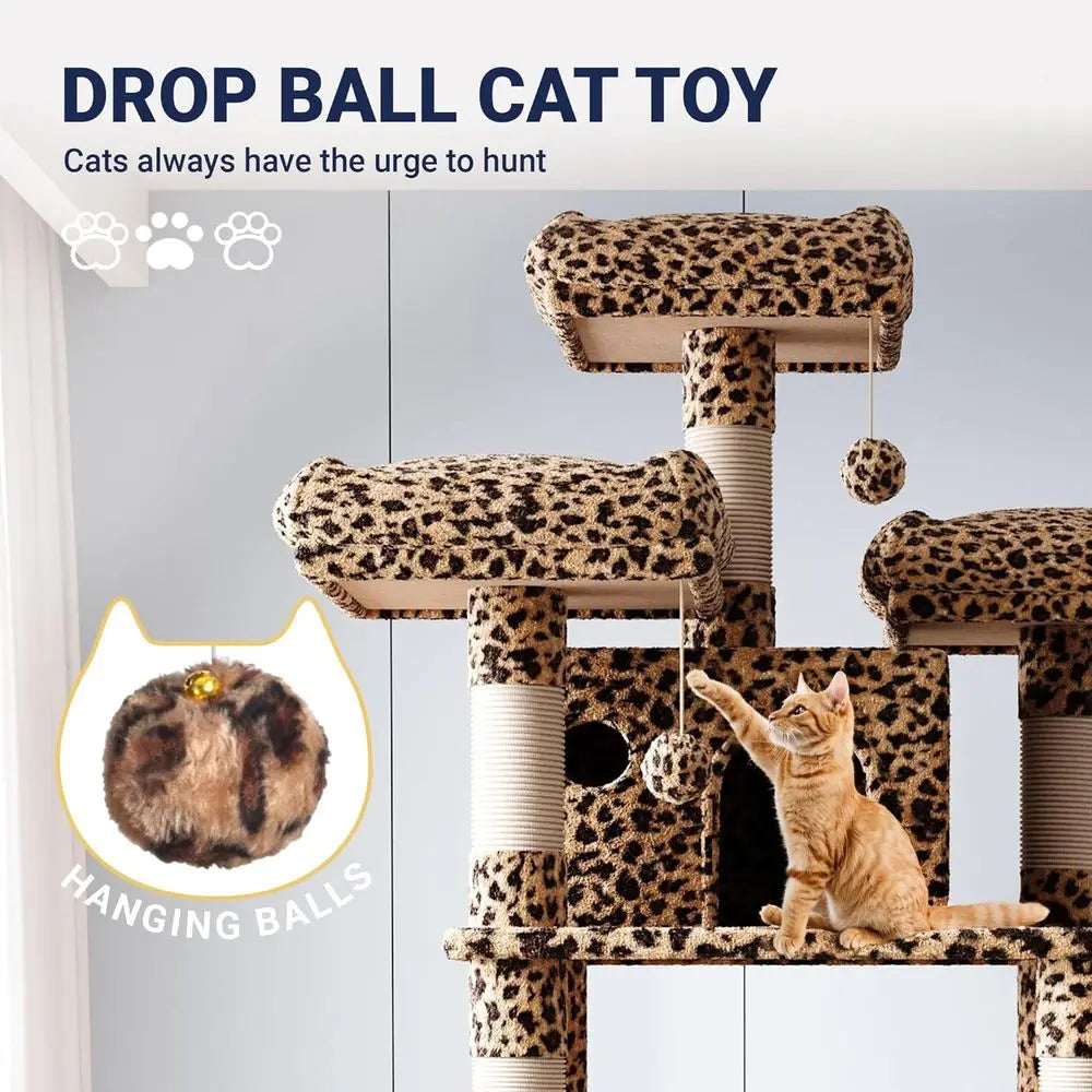 XXL Tall Cat Tower with Leopard Print - Multi-Level Climbing Tree and Condo