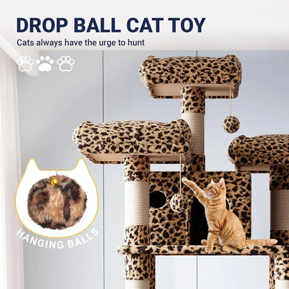 XXL Tall Cat Tower with Leopard Print - Multi-Level Climbing Tree and Condo
