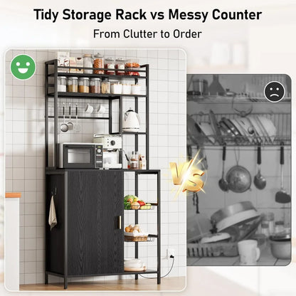 Bakers Rack with Power Outlet, Microwave Stand Cabinet with Storage, 7-Tiers  Coffee Bar Cabinet