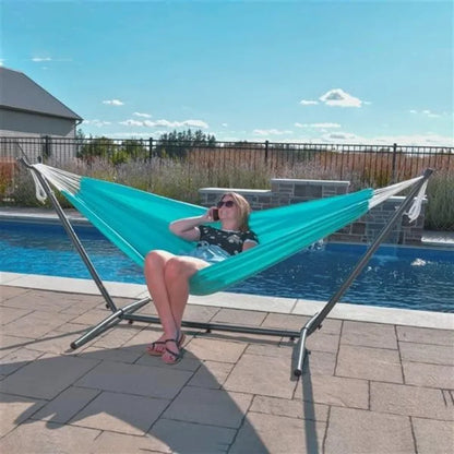 Vivere Double Sunbrella Hammock with Space Saving Steel Stand, 450 lb Capacity - Premium Carry Bag Included (Aruba)