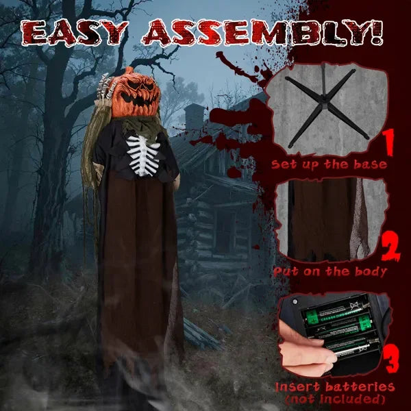 5.6ft Halloween Outdoor Life Size Animatronics Ghost with Pumpkin Head, Sound-Activated Scary Props for Garden Yard Lawn