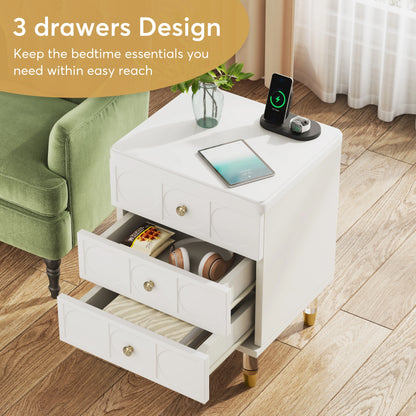 3-Drawer Nightstand Tall White and Gold Bedside Table with Drawers, Versatile Modern White Night Stand with Storage