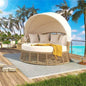 Outdoor Patio Rattan Round Daybed with Retractable Canopy Wicker Furniture Round Poolside Sofa Sunbed with Removable Cushions (B