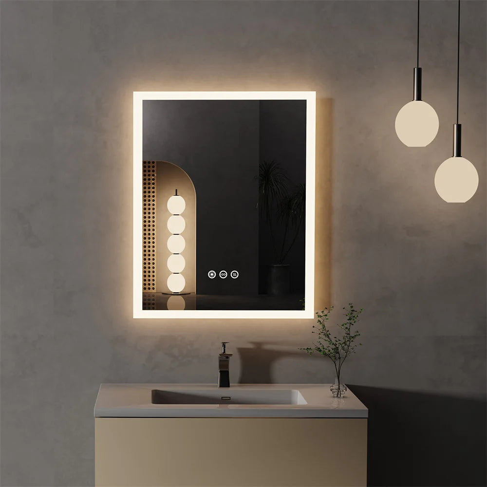 LED Light Bathroom Mirror Wall Mounted Backlit Touch Mirror Dimmable Defog Vanity Makeup Mirror