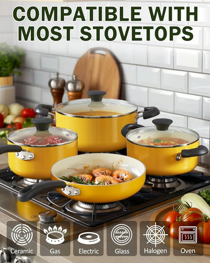 Home Pots and Pans Set Nonstick, 10-Piece Ceramic Kitchen Cookware Sets, Nonstick Cooking Set with Saucepans, Frying Pans