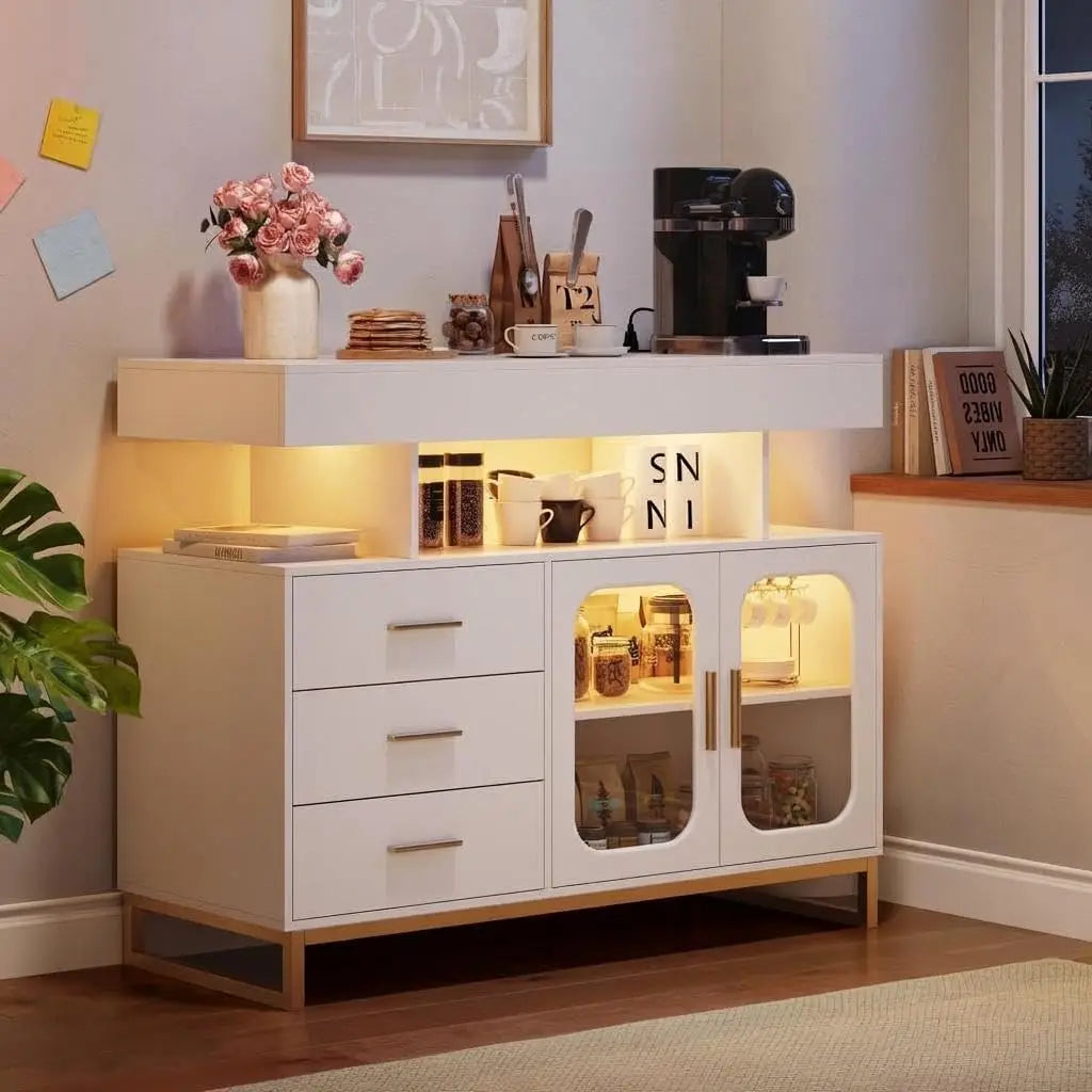 LED Buffet Cabinet with Charging Station, Smart Bar Cabinet with 20-Color Auto RGB Light, Coffee Bar Cabinet with Drawer/Hutch,