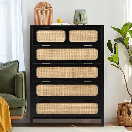 5 Drawer Tall Wooden/Rattan Chest Dresser