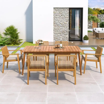 7-Pc Acacia Wood Outdoor Dining Set, 72" Slatted Table & 6 Chairs with Cushions for Patio Garden Dining