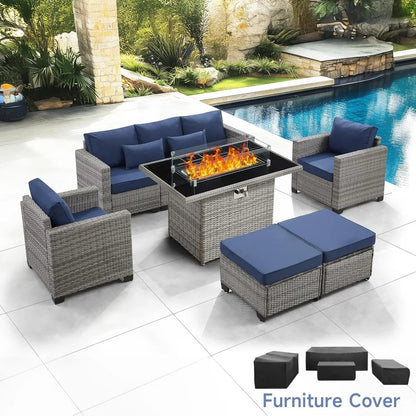 6-Piece Outdoor Patio Set with Fire Pit Table, PE Rattan Furniture & Cover, 60000 BTU Propane Heater (Royal Blue)