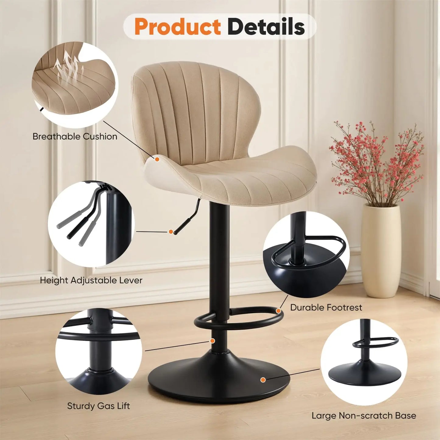 Ergonomic Modern 360° Swivel Dining Chairs Set of 2 Adjustable Fabric Upholstered   For Kitchen Island