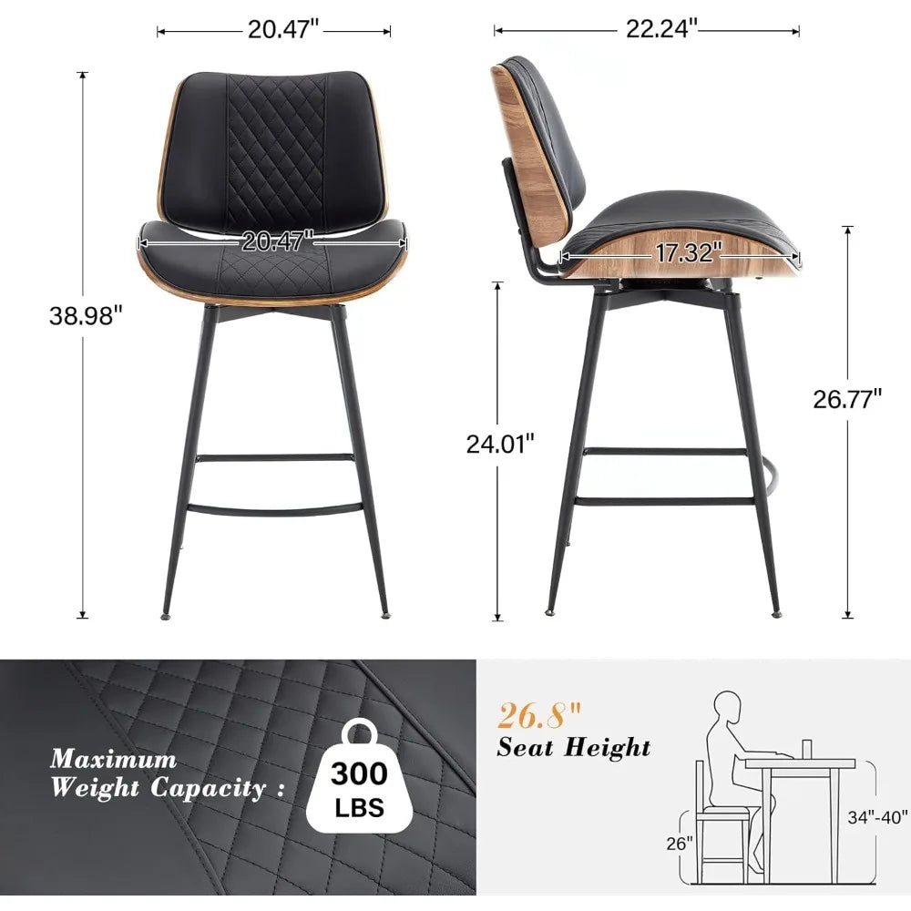 Swivel Bar Stools Set of 2,26.8"Counter Height Barstools in Modern Style,Armless Walnut Pub Chair PU Leather Bentwood