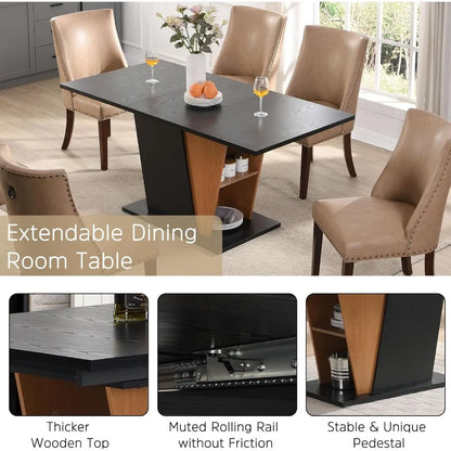Extendable Dining Room Table for 4 6,46.5in-61.8in Modern Rectangular Table w/Heavy Duty Pedestal,Stor
