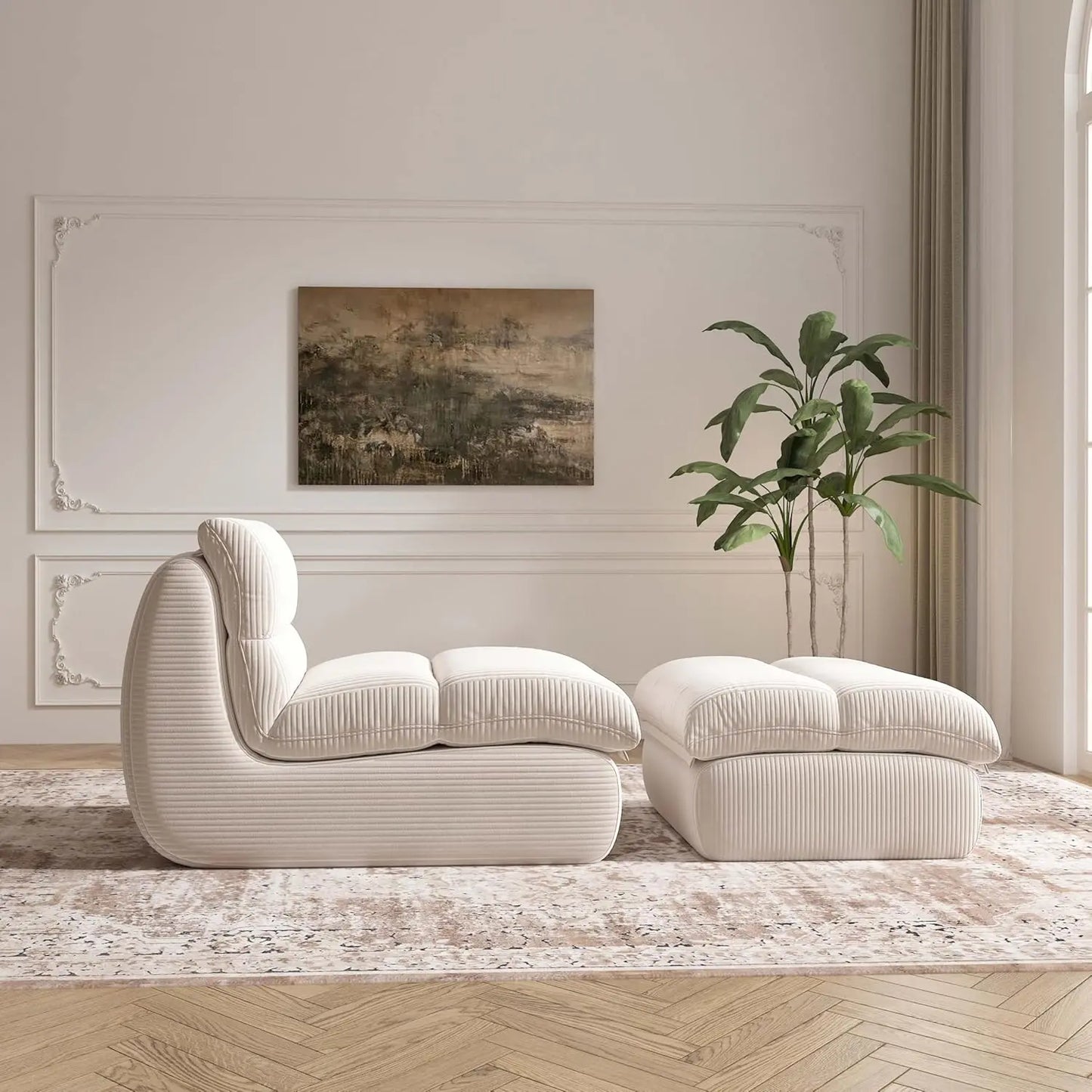 Corduroy Bean Bag Chair with Ottoman, Ultra Soft Reading Nook Seat for Adults, Living Room Bedroom Furniture