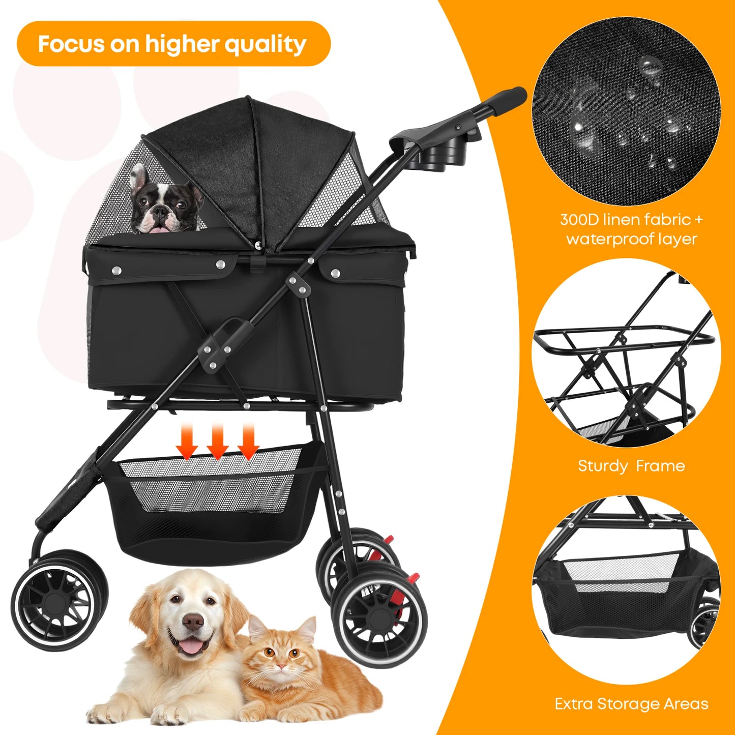 3 in 1 Pet Stroller with Removable Carrier Folding Stroller for Small/Medium Dogs and Cats Waterproof All-Terrain
