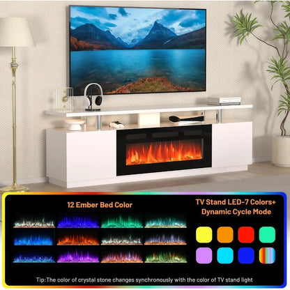 70" Fireplace TV Stand with 36" Electric Fireplace, LED Light Entertainment Center & Remote, for TVs Up to 80", 2-Tier Media