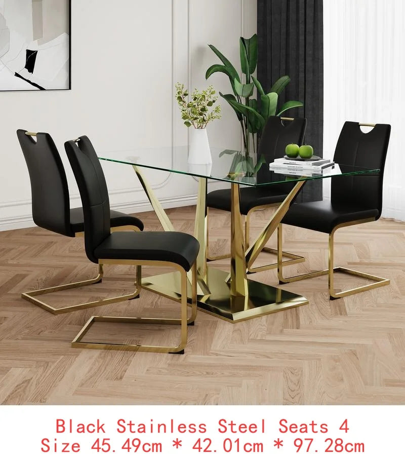 Elegant Glass Dining Table Set with Stainless Steel Base & 6 White Chairs - Modern Transparent Design for Dining Room