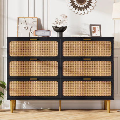 6-Drawer Rattan Dresser, Natural Hand-Woven Rattan & Wood Large Storage Dresser With Deep Drawers For Bedroom Living Room