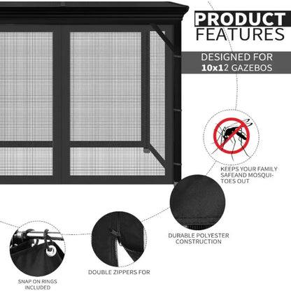 10' x 12' Outdoor Mesh Netting Screen 4-Panel Sidewall with Zipper Gazebo Universal Replacement Mosquito Netting