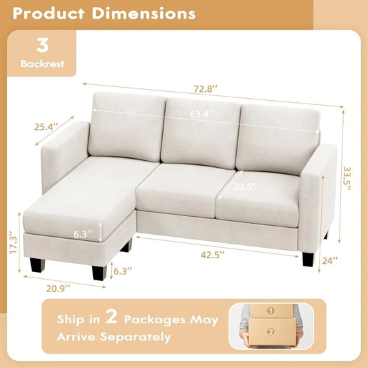 Convertible Sectional Sofa Couch, 3 Seat L-Shaped Sofa with Linen Fabric Ottoman
