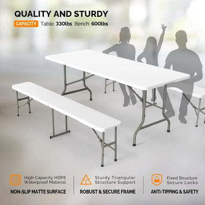 Picnic Table Set with 2 Benches, 6 Feet Camping Table Chair Set,3-Piece Folding Furniture for Indoor or Outdoor Use