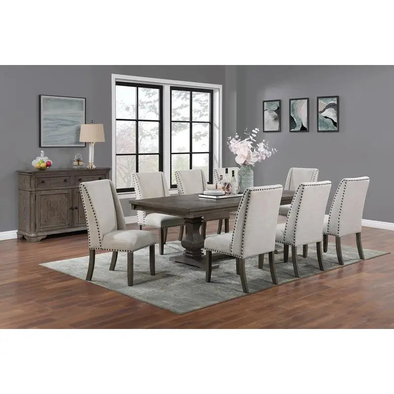 Traditional 9-Piece Dining Set with Leaf, 8 Side Chairs, Pedestal Base, Oak Finish, Wingback Design, Upholstered Cushions,