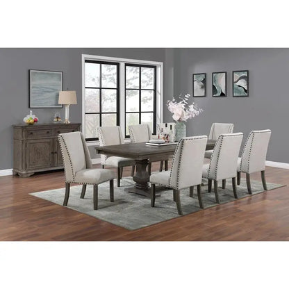 Traditional 9-Piece Dining Set with Leaf, 8 Side Chairs, Pedestal Base, Oak Finish, Wingback Design, Upholstered Cushions,