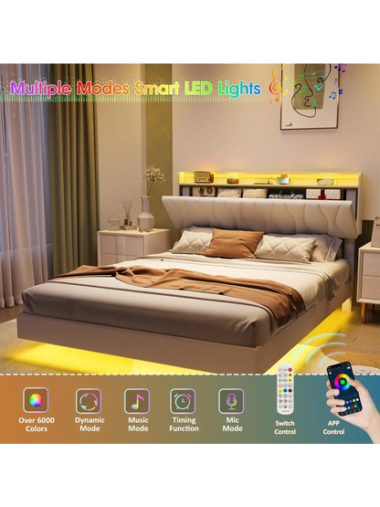 Queen Size Floating Bed Frame with Storage Headboard, Queen Bed Frame with LED Lights, Charging Station, Upholstered Pla