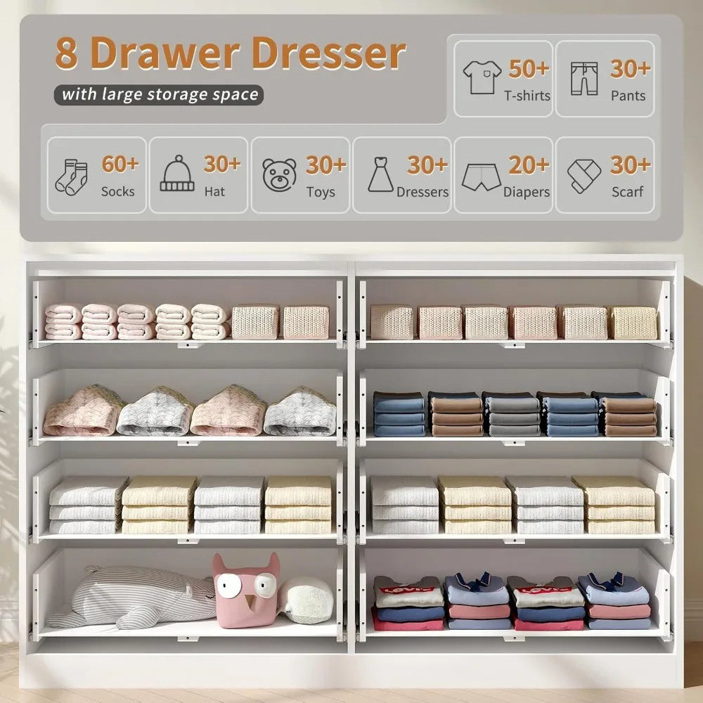 Fluted Dresser for Bedroom with 8 Drawer, 55” Wide White Double Drawer Dresser Modern Chest of Drawers with Metal Handle