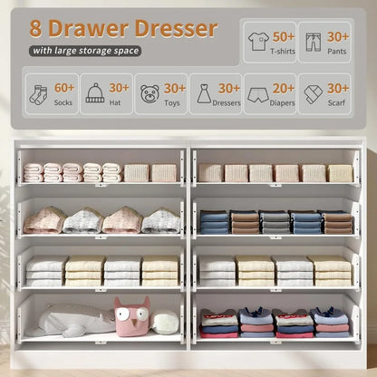 Fluted Dresser for Bedroom with 8 Drawer, 55” Wide White Double Drawer Dresser Modern Chest of Drawers with Metal Handle