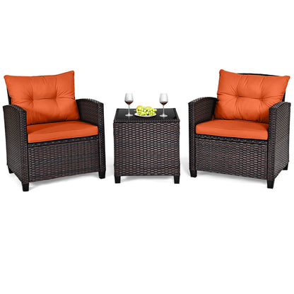 3 PCS Patio Rattan Furniture Set Cushioned Conversation Set  Orange
