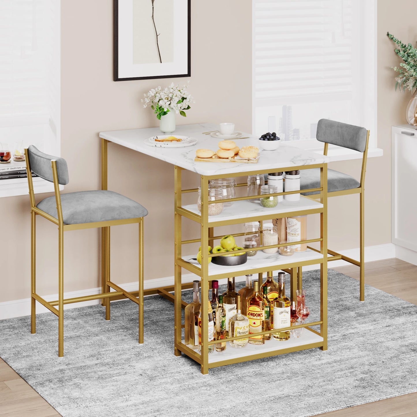 3 Pieces Dining Room Table Set for Small Space Apartment Counter Height Kitchen Table and Chairs Bar Stools Gold