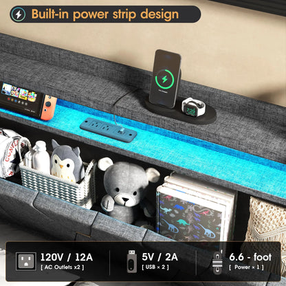 Vabches Lift Up Bed Frame with Storage Headboard&Power Outlet, LED Lights Upholstered Platform Bed Frame for Bedroom Noise-Free