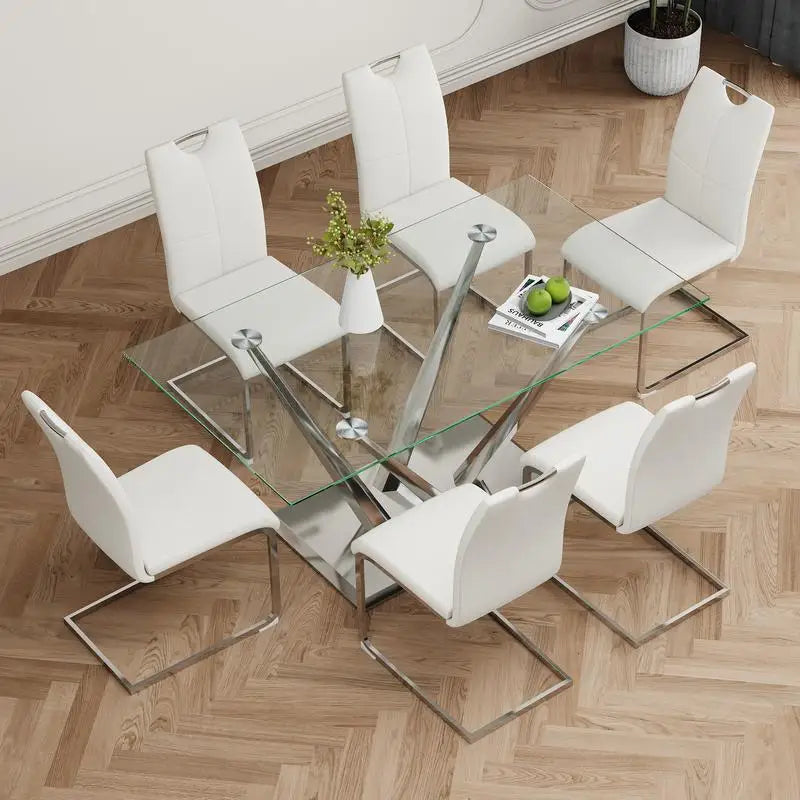 Elegant Glass Dining Table Set with Stainless Steel Base & 6 White Chairs - Modern Transparent Design for Dining Room