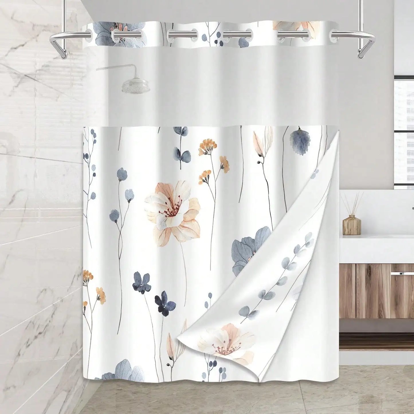 Plants Pattern No Hook Waterproof Shower Curtain, Removable