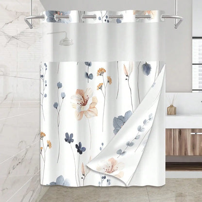 Plants Pattern No Hook Waterproof Shower Curtain, Removable