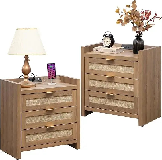Set of 2 Rattan Night Stands with Type-C Charging Station