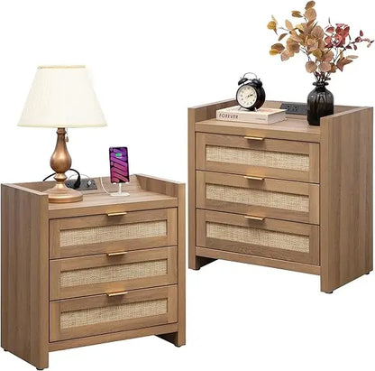 Set of 2 Rattan Night Stands with Type-C Charging Station