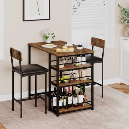 2-Person Dining Table Set,Bar Table with 2 Upholstered Chairs &3 Storage Shelves Small Space Kitchen Table for Apartment,Pub Sty