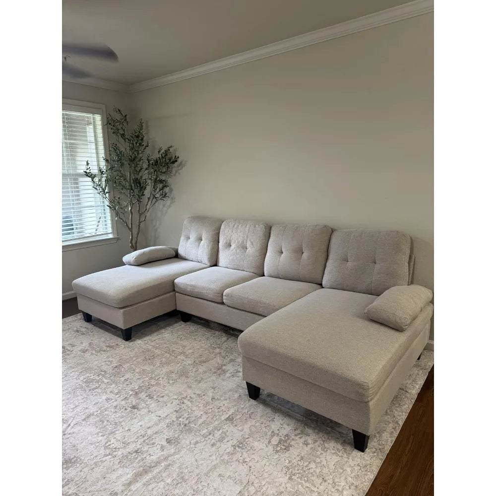 111'' Sectional Couch with Double Chaise – Modern Polyester Fibre U-Shaped Sofa, Upholstered 4-Seater for Living Room