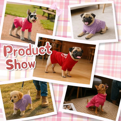 Bowknot Pet Sweater Dress for Small Pets Girl Stretchy Pet Sweaters Pullover Coats Fall Winter Warm Dog Turtleneck Sweater Red