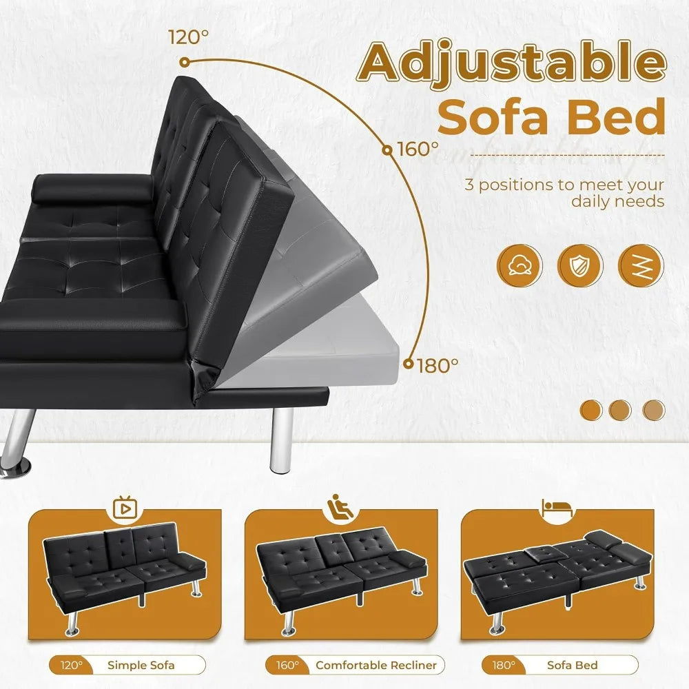 Futon Sofa Bed Modern Faux Leather Couch Bed Convertible Folding Recliner for Living Room with 2 Cup Holders and Armrest