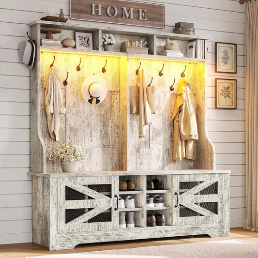 Hall Tree with Bench and Shoe Storage, 5-in-1 Entryway Bench with Coat Rack, 16 Shoe Cubbies & 12 Coat Hooks, Barn Door & Adjus