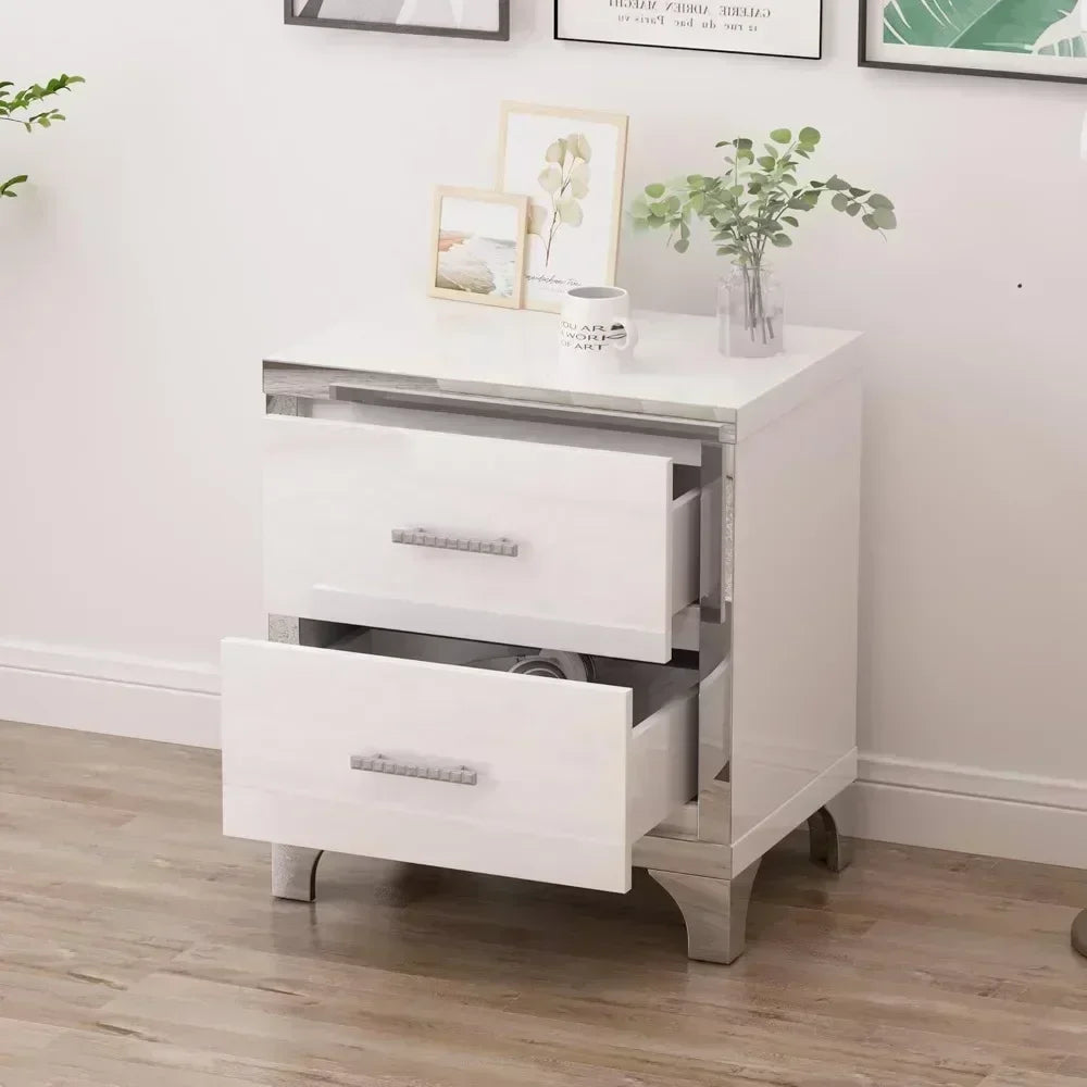 Elegant White High Gloss 2-Drawer Mirrored Nightstand with Metal Handles and Legs, Ideal for Bedroom and Living Room