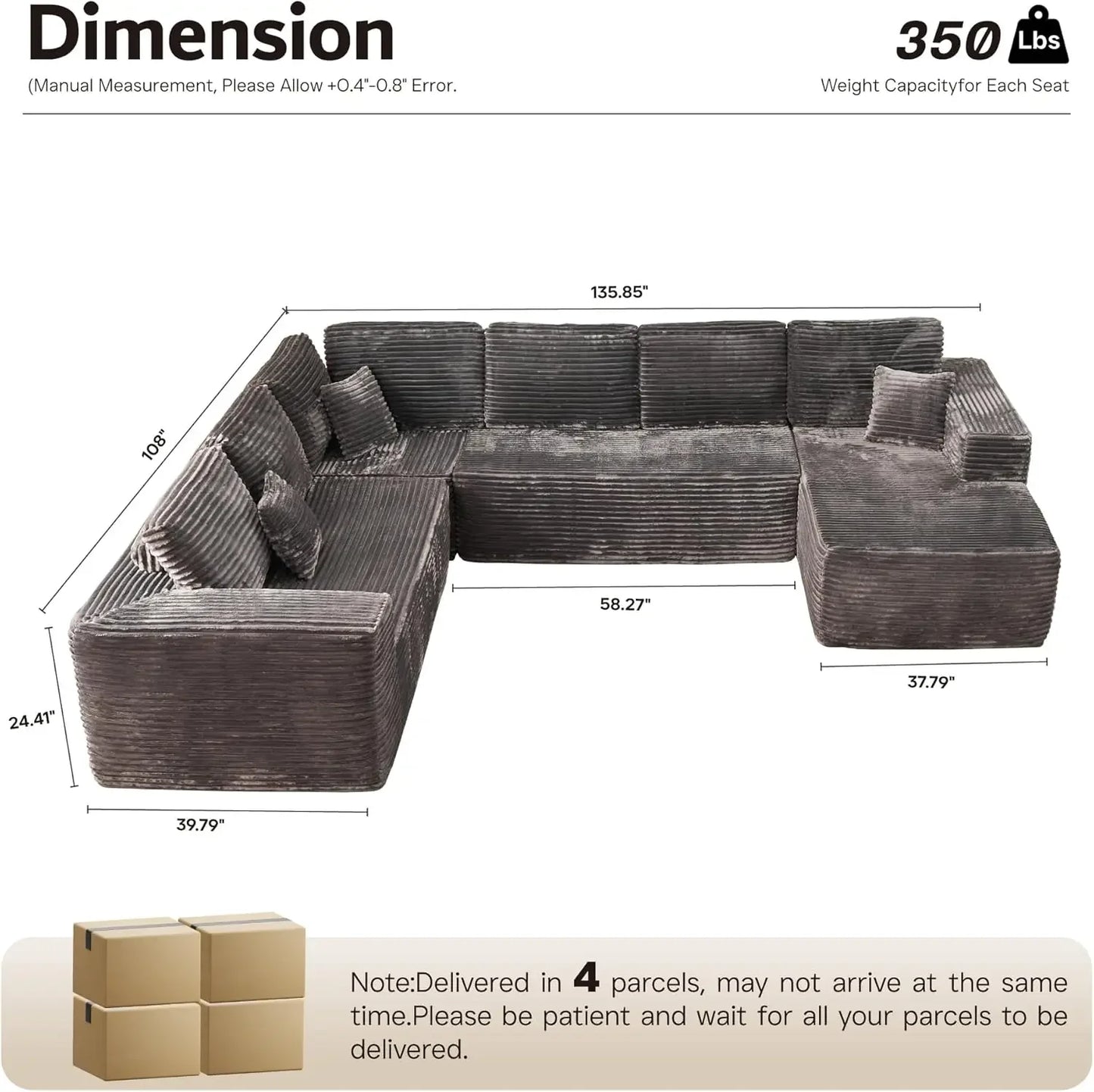 U Shaped Sofa Boneless Couch with Chaise 135" Cloud Modular Sectional Couch for Living Room Big Comfy Couches Set  furniture