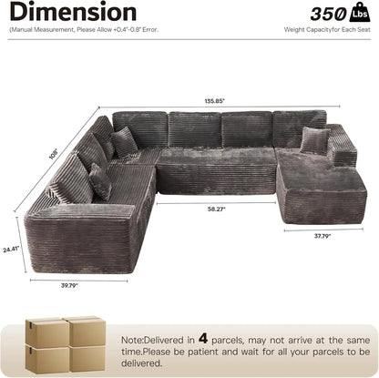 U Shaped Sofa Boneless Couch with Chaise 135" Cloud Modular Sectional Couch for Living Room Big Comfy Couches Set  furniture