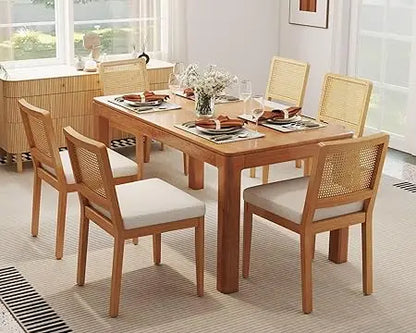 Modern Farmhouse Rattan Dining Chair Set of 6 Beige Chenille Upholstered Dining Chairs with Rattan Back