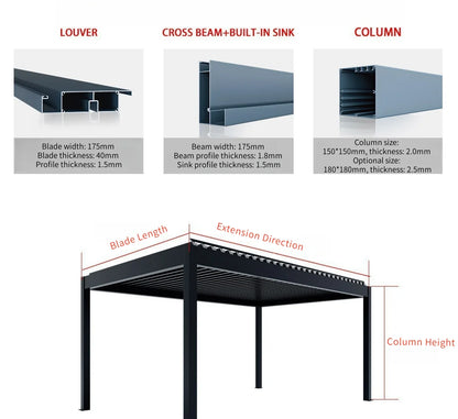 Modern Outdoor Waterproof Aluminum Louvered Sunroof Pergola Sun Shade Frame Electric Pergola Louvered Roof Aluminium Canopy